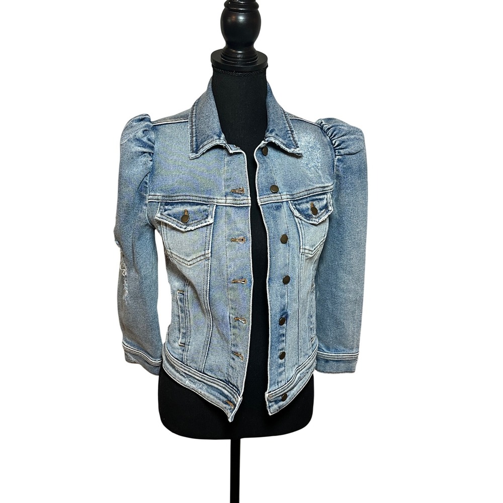 Retrofete Womens Puff Sleeve Cropped Denim Jacket Light Wash Distressed XS Italy